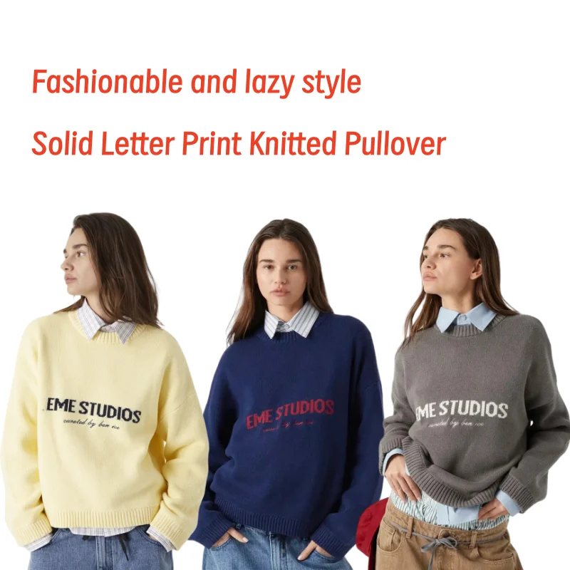 

Solid Letter Print Knitted Pullover Women Elegant O-neck Long Sleeve Loose Short Sweater Autumn Lady Daily Street Knitwear Women