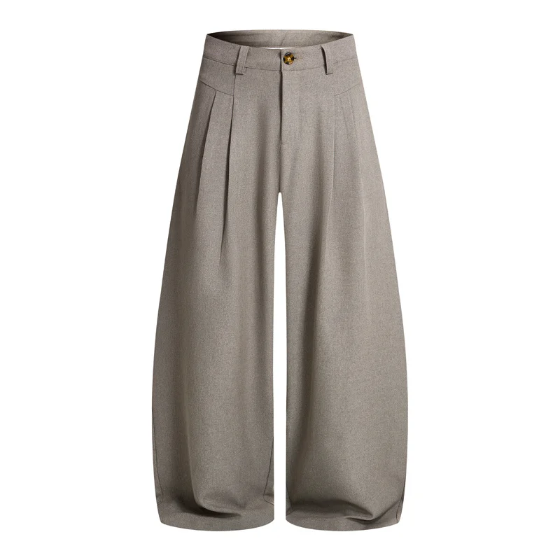 2026 American Vintage Old Money Aesthetic Fly Pleated Lantern Trousers Men Cotton Baggy Business Dress Pants Casual Slacks