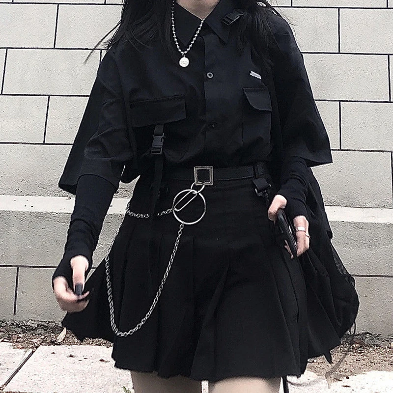 Vintage Loose Solid BF Gothic Two Piece Set Women Summer Casual Korean Button Shirt and Black Pleated A-line Mini Yk2 Skirt