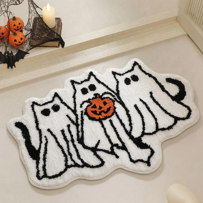 VIKAMA Cute Ghost Cat Pumpkin Bathroom Mat Soft Fluffy Water Absorbent Non Slip Halloween Indoor Home Decor
