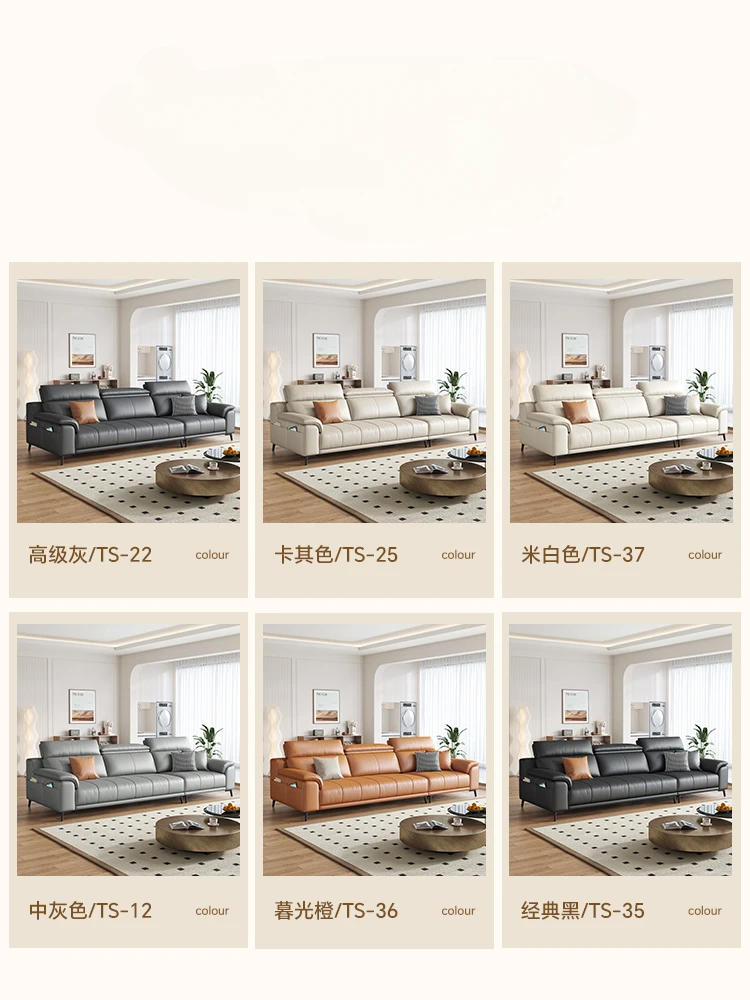 Simple First Layer Cowhide Simple Modern Living Room Straight Row Three-Person Leather Sofa Furniture