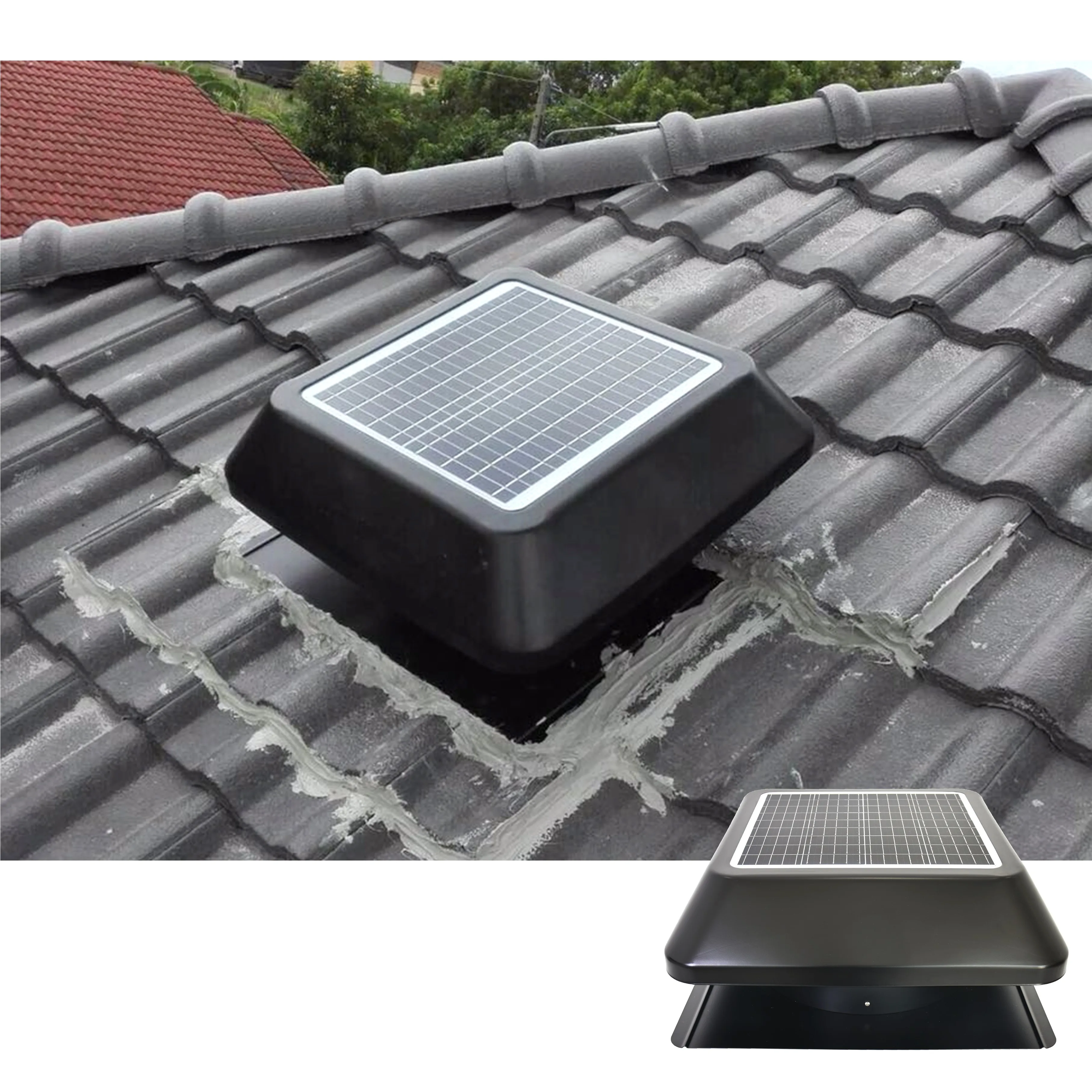 سقف علوي نفق تنفيس الهواء الأخضر 14 ''25 واط تعمل بالطاقة الشمسية العلية الحرارة النازع الهواء المروج عالية السرعة تيار مستمر مروحة تهوية السقف