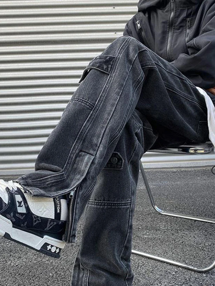 

Men's Workwear Jeans Spring Autumn High Street Vibe Zipper Design Wide Leg Pants Trendy Brand Casual Straight Cut Denim
