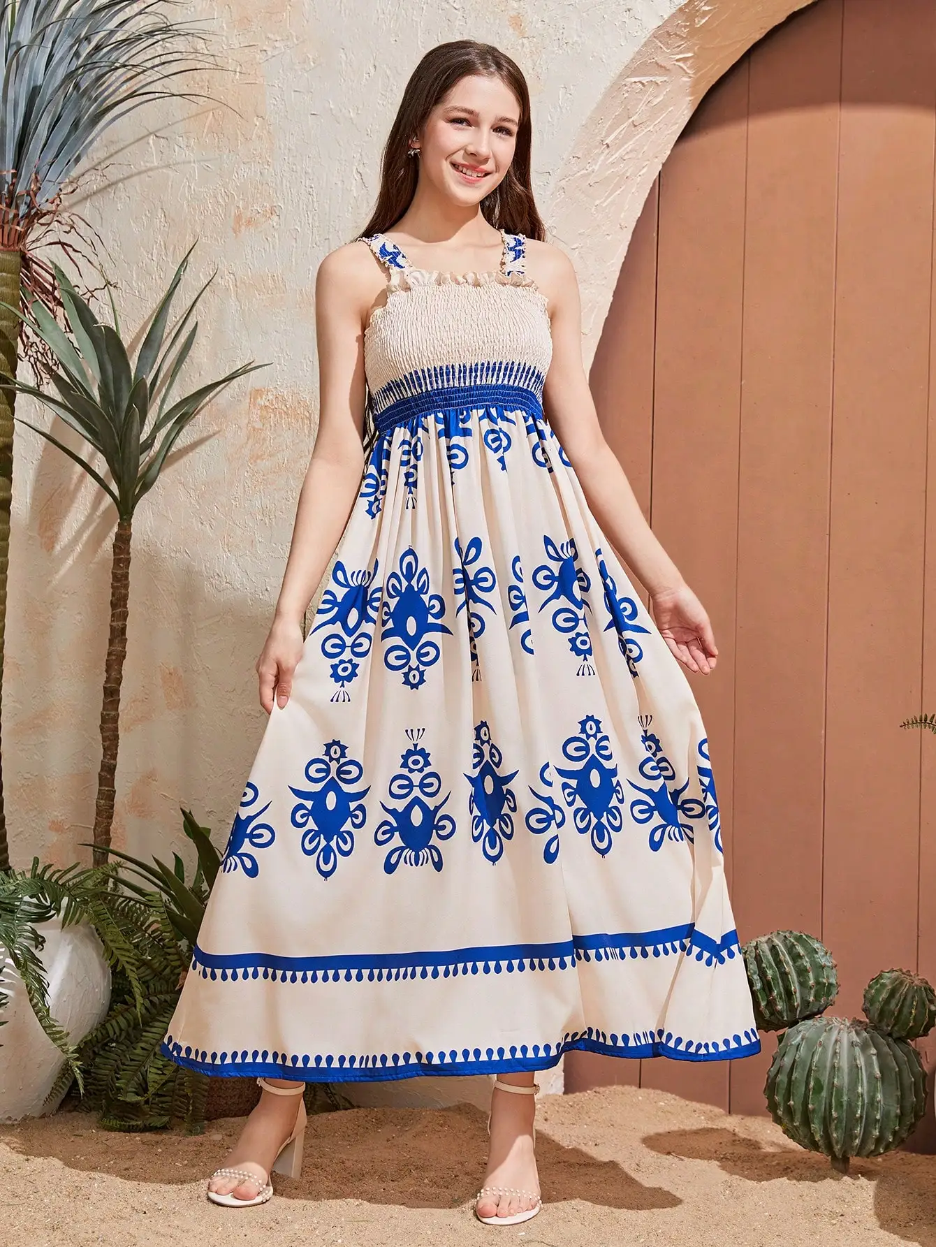 

2pcs Set Women Elegant Spaghetti Strap Maxi Dress With Cropped Knit Bubble Sleeve Jacket