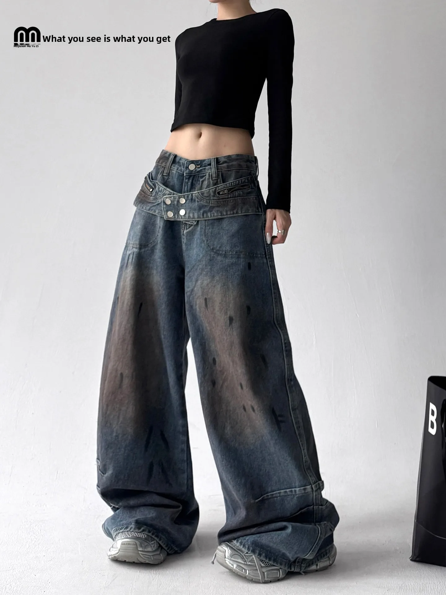 

Womens Loose Fit High Waist Denim Jeans Vintage Waed Design Autumn New Sle Wide Leg Long Trousers Cotton Polyester Blend