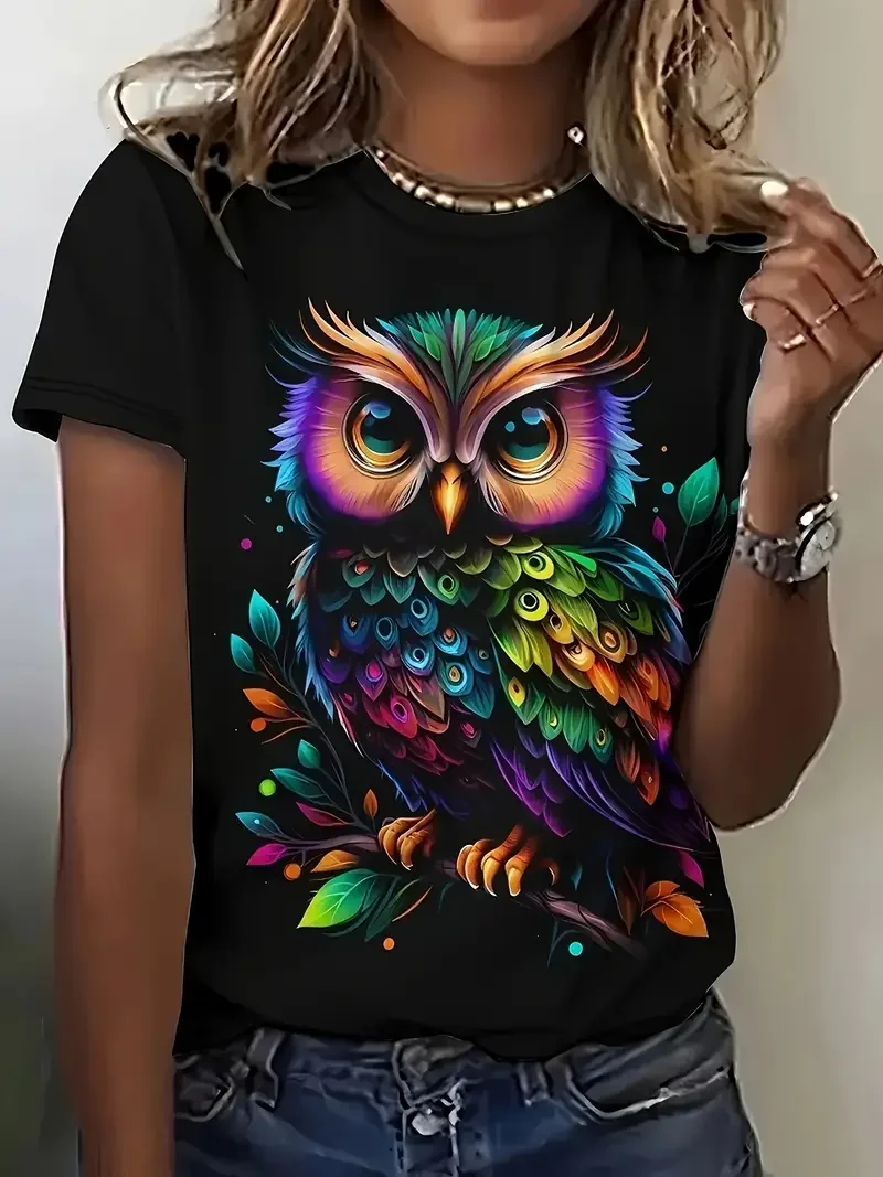 

Plus - Size Women's Black Short - Sleeve T - shirt, Colorful Owl Print, Unique & Eye - catching