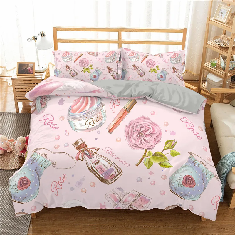 

Fashion Bedding Set Makeup Cosmetic Theme Duvet Cover Polyester Perfume Lipstick Nail Polish Brush Print Quilt Cover King Size