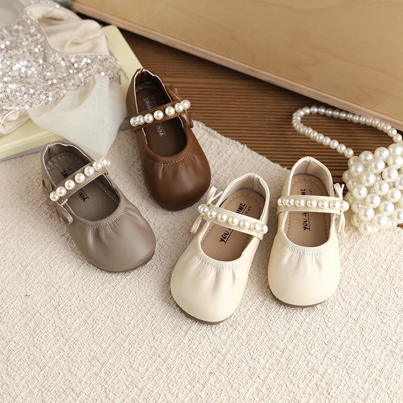 

Детские туфли-балетки с жемчугом и бантом для девочек, плиссированные туфли Мэри Джейн, весна-осень, новинка