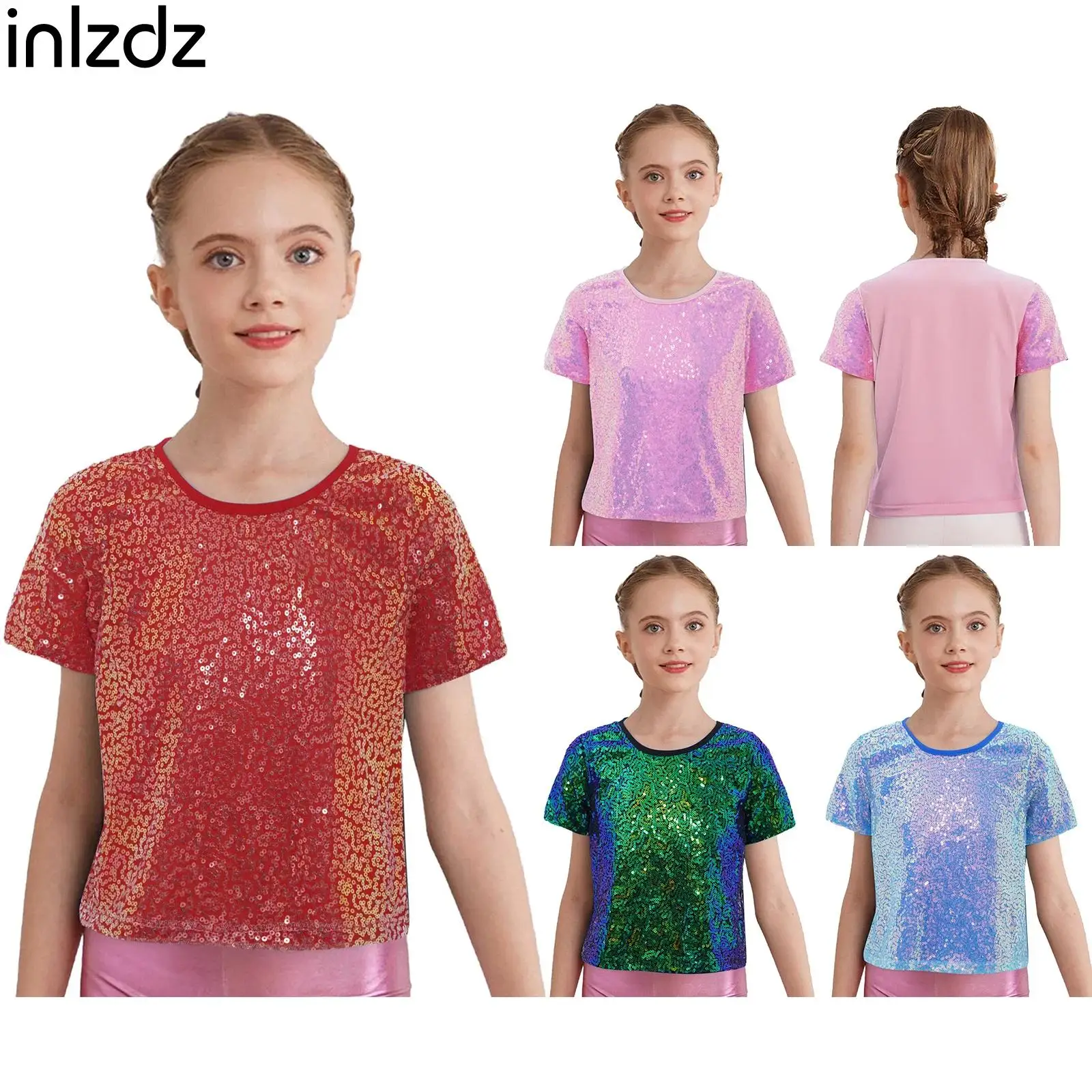 

Teen Girls Cheerleading Dance Tops Jazz Hip Hop Street Dancewear Short Sleeves Shiny Sequins T-shirt for Stage Performance Party
