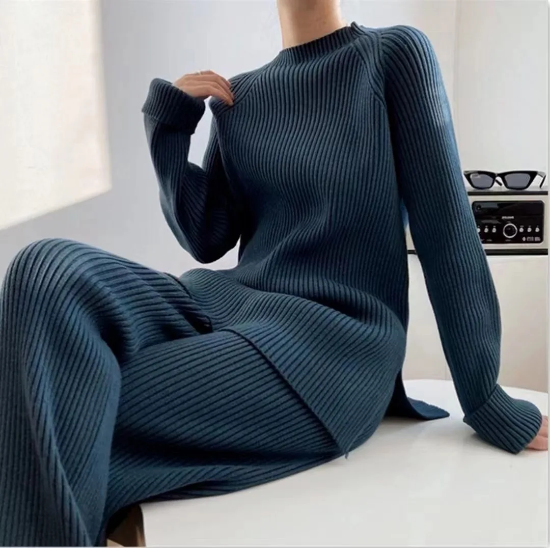 Two Piece Pant Sets Knit Sweaters Suit Full Sleeve Stand Collar Pullover Loose Casual Wide Leg Pants Solid Thick Suits