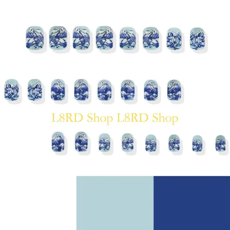 L8RD 24 قطعة اضغط على الأظافر الصناعية ذات الألوان المائية الصينية لفافات الأظافر لعشاق الموضة #3