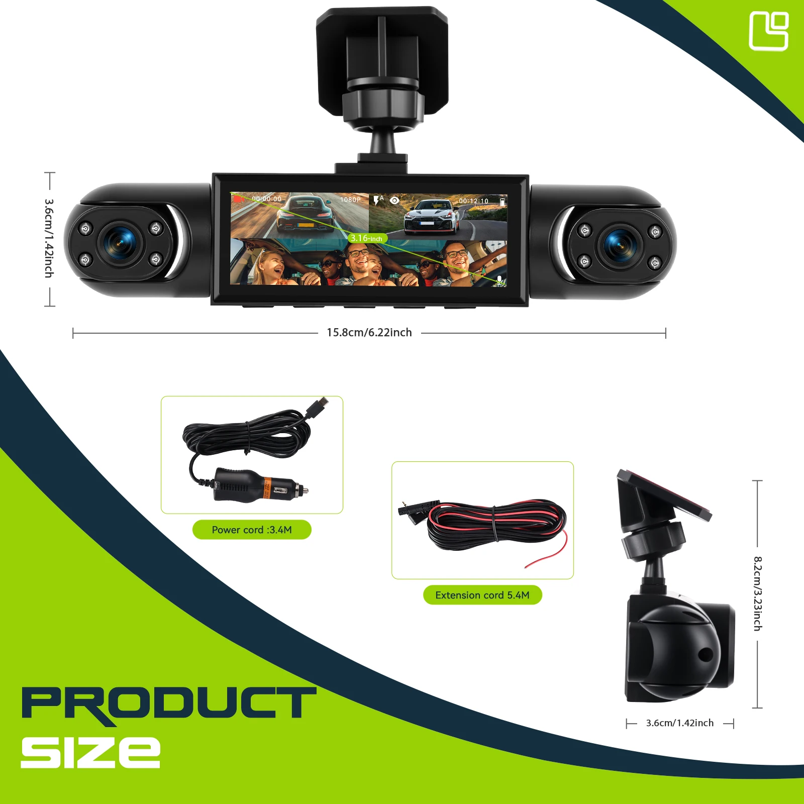 Podofo 3,16'' Dashcam mit vier HD-Objektiven, Bewegungserkennung, Auto-DVR, mehrsprachiger Auto-Videorekorder 150 ° Großer Betrachtungswinkel – Detail 8