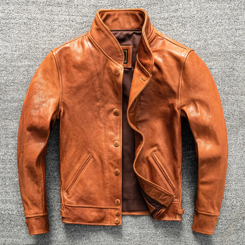 Einstein's vintage heavy water shampoo layer, Italian goat skin genuine leather jacket, green fruit collar men's coat