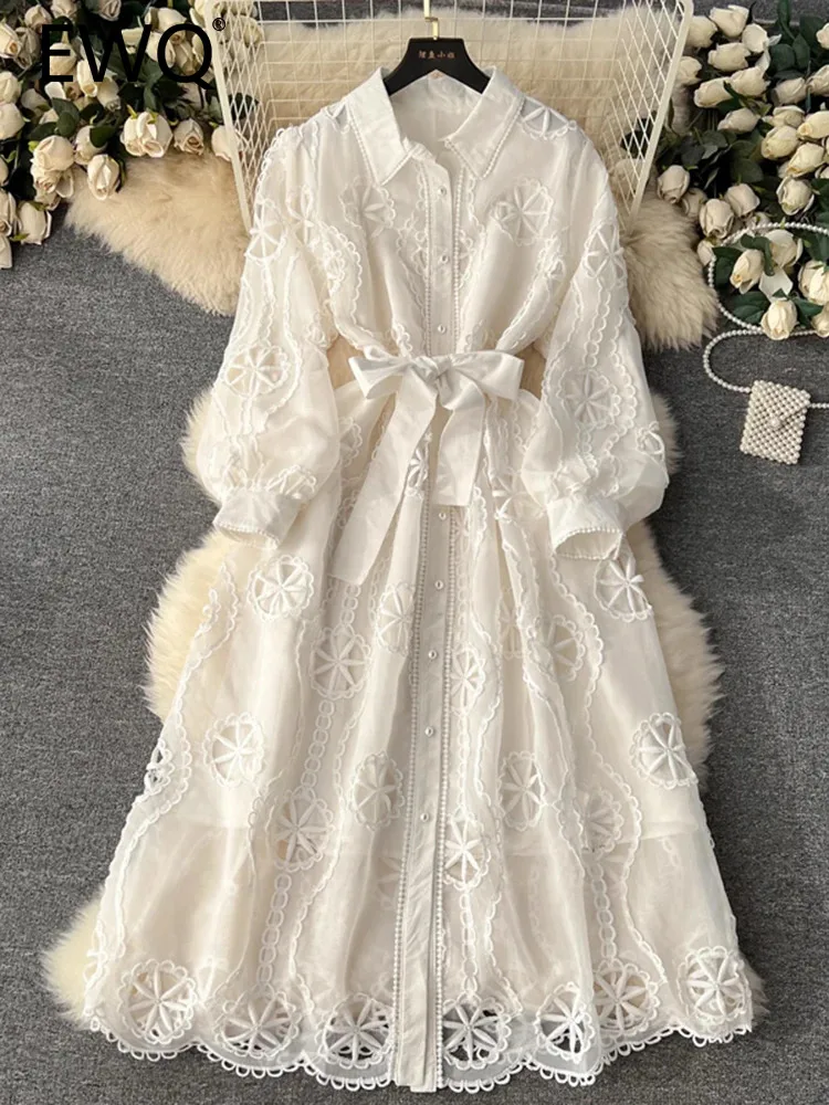 EWQ Fashion Long Dress For Women Hollow Out Design Embroidery Belt Gathered Waist A-line Long Dresses 2024 New Clothing 27C377