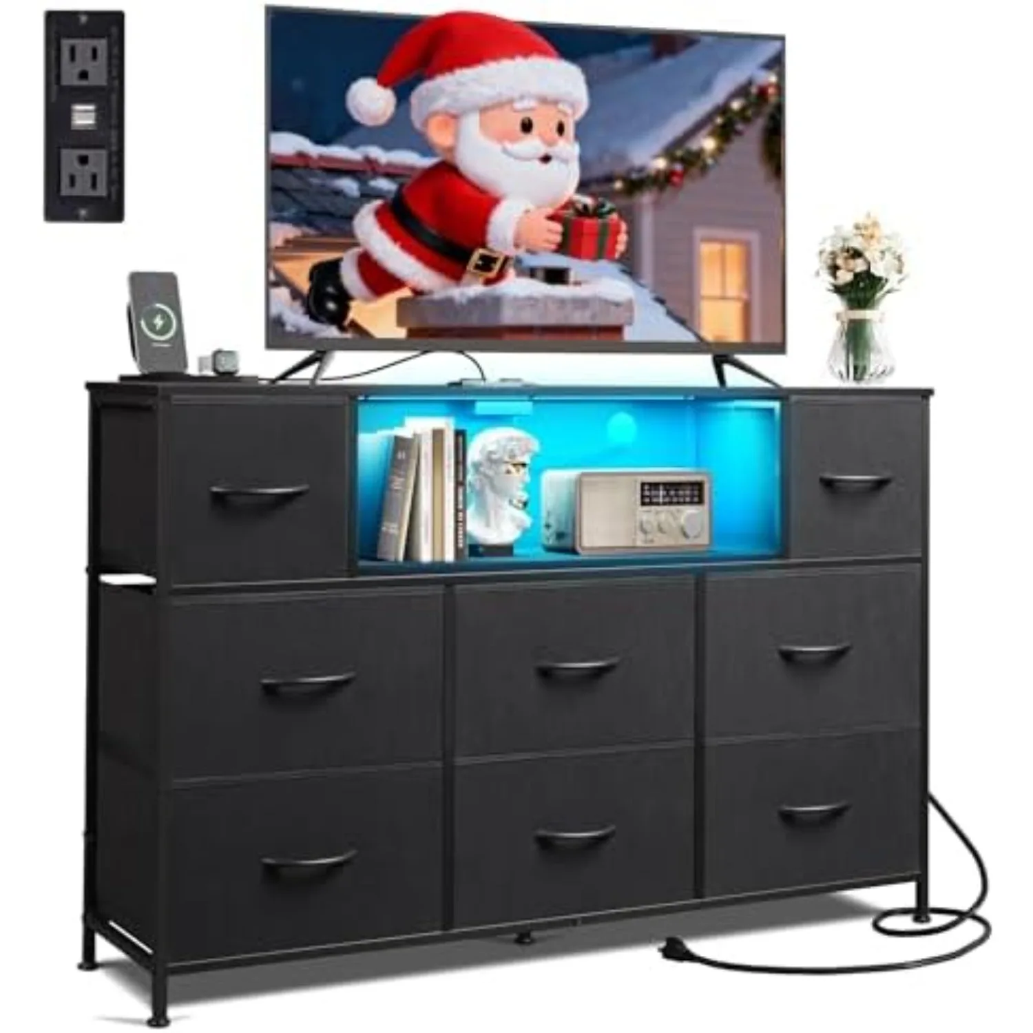 LED Dresser TV Stand for 55 Inch TV, 8 Drawers, Black | Fits TVs up to 55 inch, 8 fabric drawers, LED chest of drawers