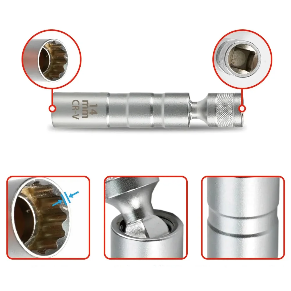 Spark Plug Socket Wrench Adapter 14/16mm Set Universal Joint with Magnetic Flexible Socket Thin Wall 3/8