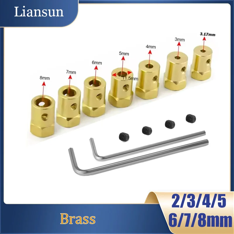 

10pcs Brass Hex Coupling 2/3/3.17/4/5/6/7/8 mm Motor Flexible Coupling Tyre Wheel Brass Hex Shaft Coupler with Screw Wrench