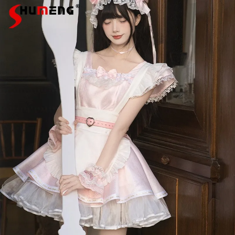 

Kawaii Sweet 3D Lace Trim Lovely Dress Women's Lolita Kawaii Clothes Lace Cuffs Design Short Dress Fashion Y2k Slimming Outfit