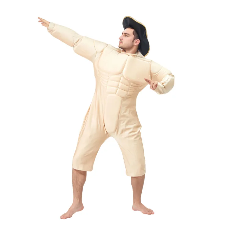 Grappige Muscle Man Rollenspel Fake Abs Halloween Kostuum Pop Outfit met Cap Party Prestaties Props