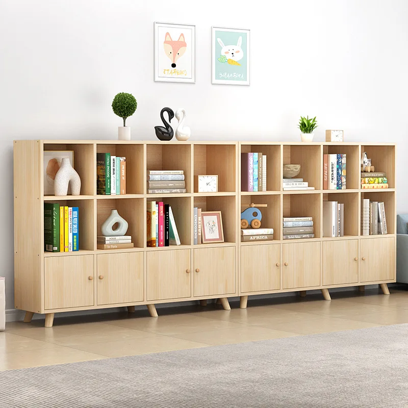 Solid wood floor-to-ceiling bookcase storage lattice all-in-one cabinet free combination with door children's simple low bookcas