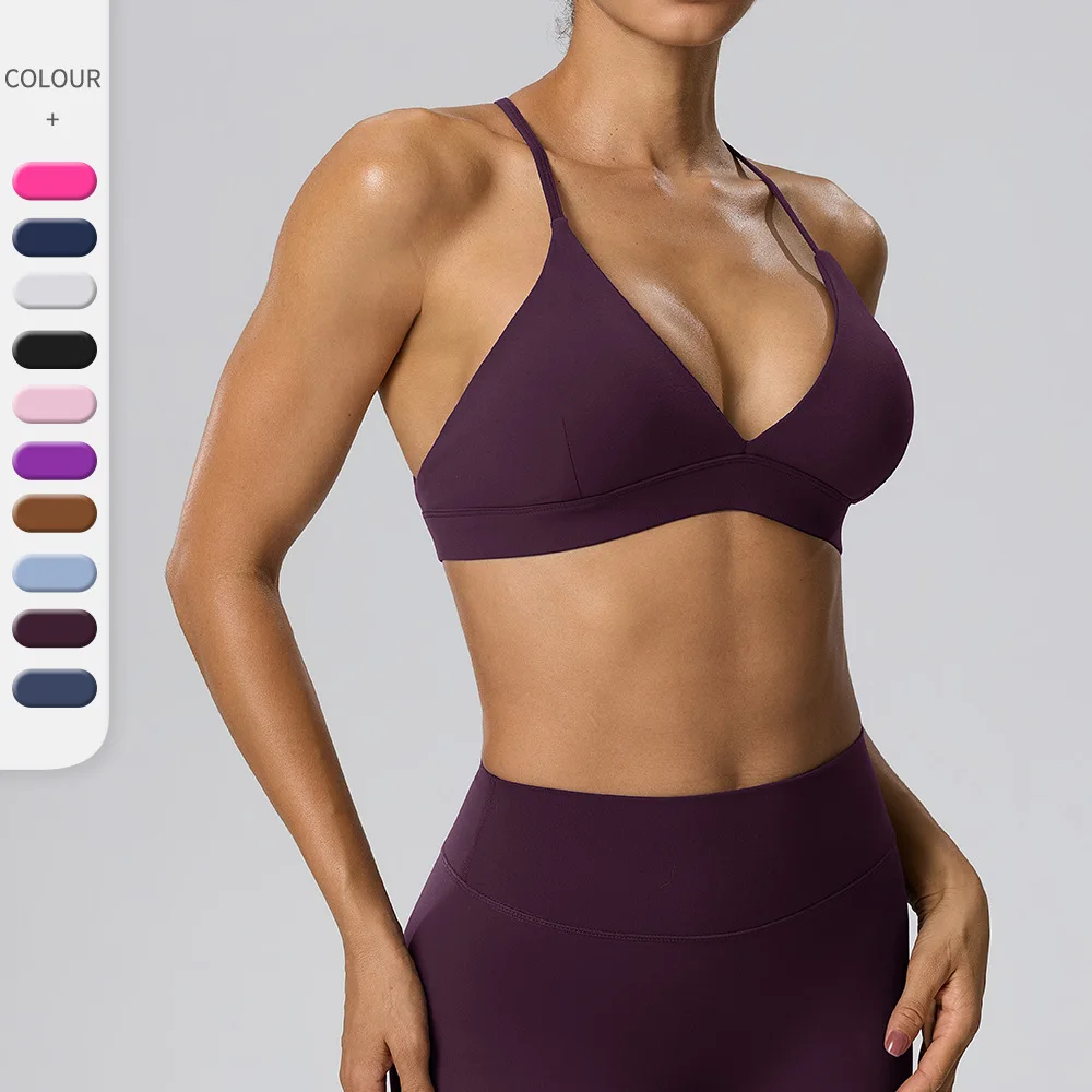 Women's yoga bra gathering sports bra quick drying double-sided sandblasting sexy cross fitness beautiful back wire-free
