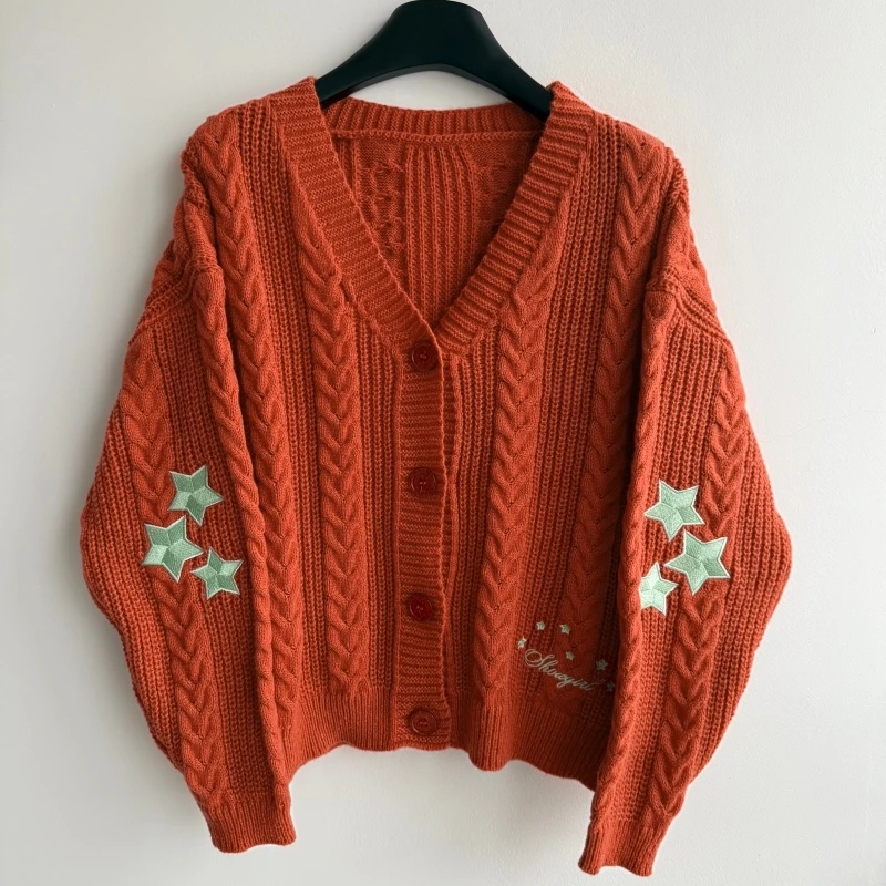 Showgirl Orange Knitted Cardigan Women Mint Green Star Embroidery Sweater Shiny Buttons Cable Knit Cardigans Daily School Tops - view 5