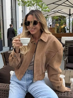 Fahion Suede Zipper Short Jacket Women Full Sleeve Lapel Collar Pocket Elastic Waist Loose Overcoat Lady High Street Outwear