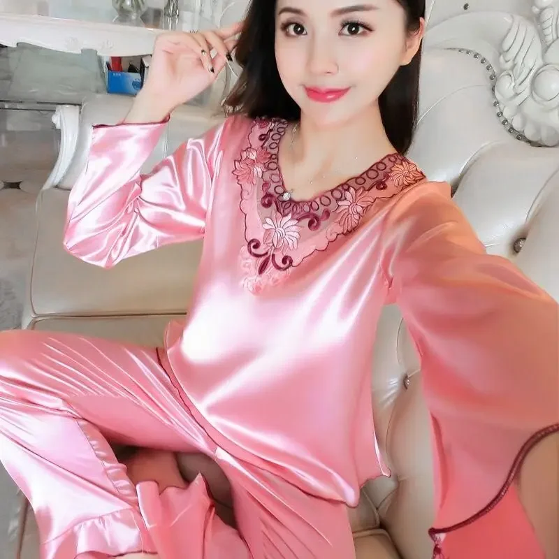 Large size pajamas for women, spring and autumn styles, ice silk thin style, sexy long sleeved home clothing set, summer