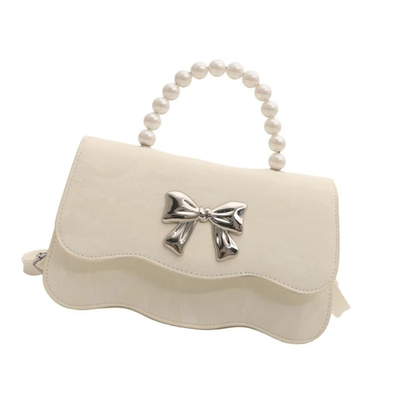 E74B Womens PU Leather Sweet Bows Shoulder Bag Pearls Beaded Handle Handbag Purse with Adjustable Strap Small Crossbody Bag