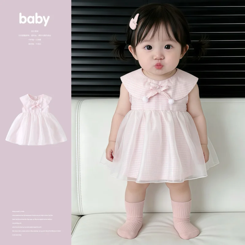 

Summer Infant Sweet Plaid Mesh Dress, Summer Tank Dress for Baby Girls, Cute Bow Dress