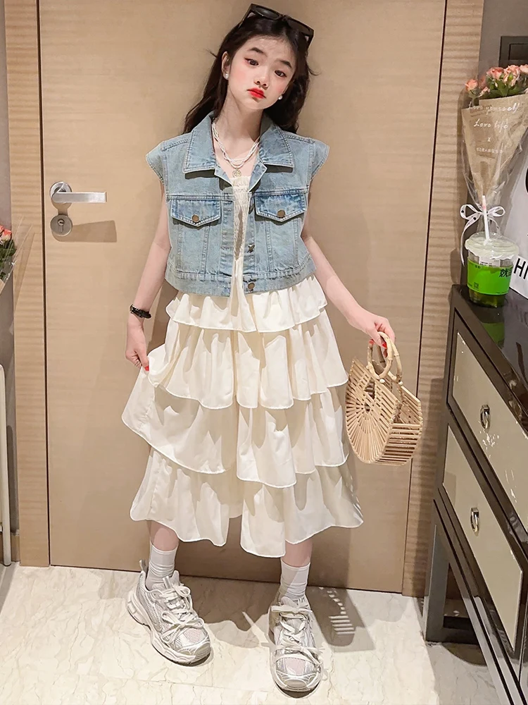 女の子夏服セット2026新作おしゃれキッズ服デニムベストサマーストラップドレスおしゃれツーピースセット韓国風コットン