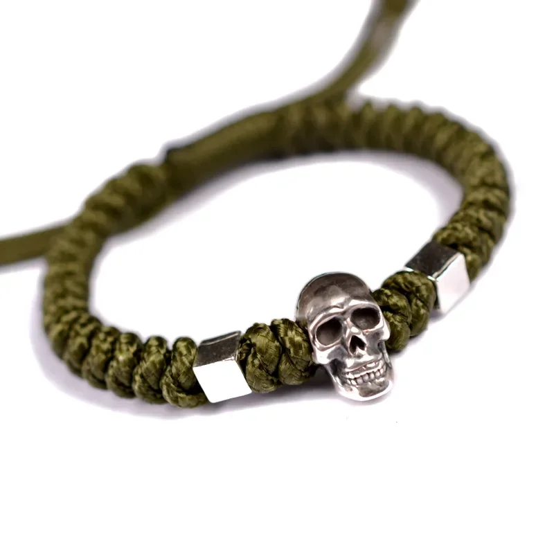 

Authentic 925 Sterling Silver Skull Charms Army Green Braided Rope Bracelet for Men Adjustable Retro Punk Jewelry