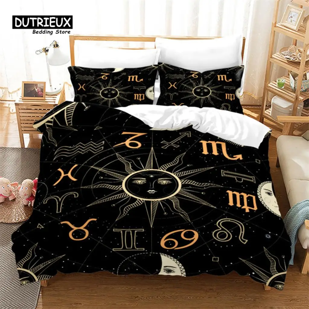 Sun and Moon Duvet Cover Microfiber Galaxy Black Bedding Set Constellation Astrology Comforter Cover King For Boys Girls Teens