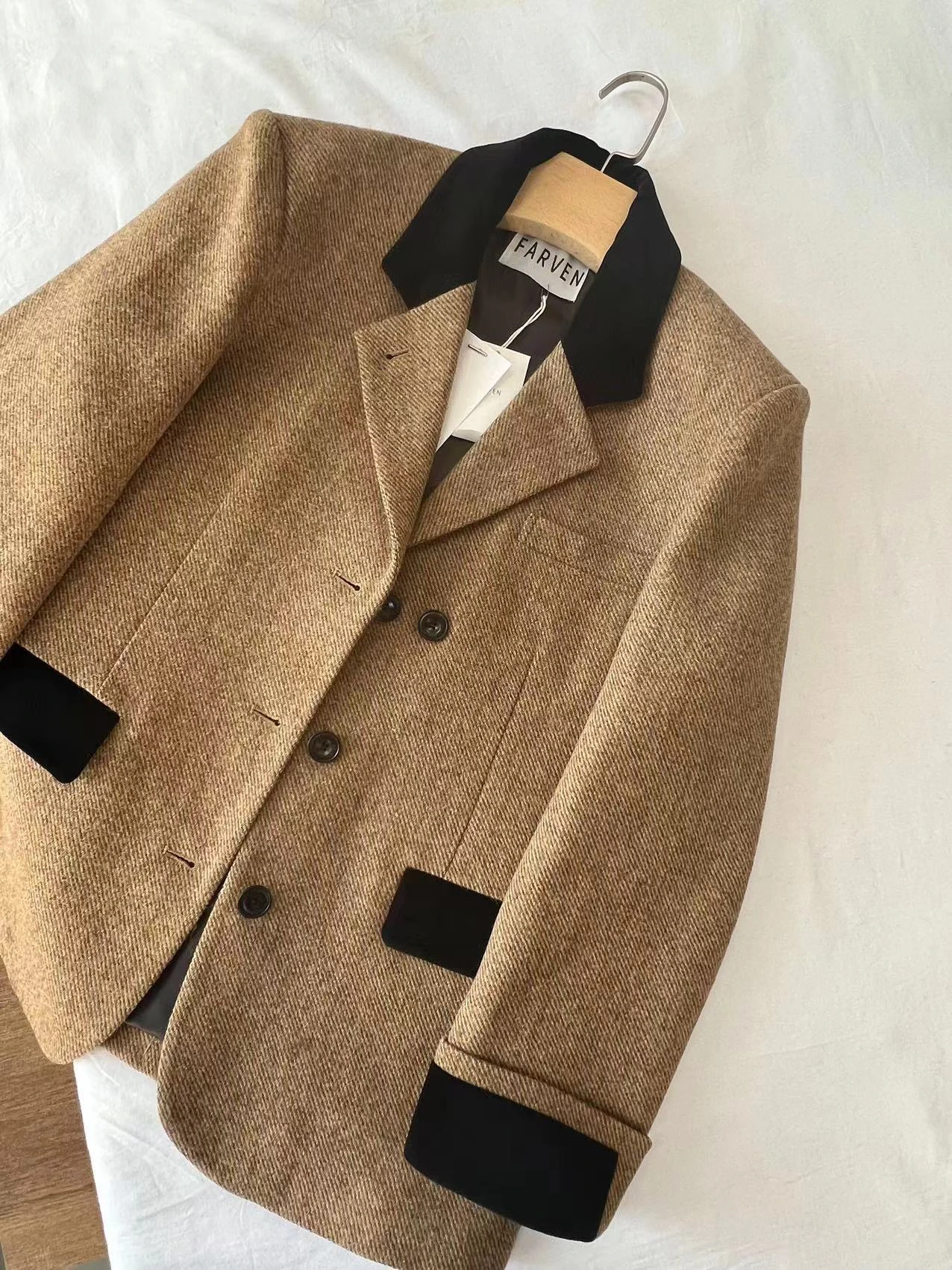 PREON Autumn Winter Wool Blend Color Blo Suit Jaet Women's Commute Sle Loose Fit Long Sve Single Button Closure