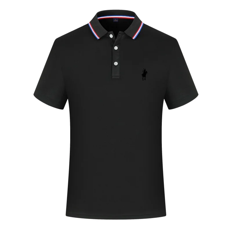 Herren Kurzarm-Poloshirt mit Emblem auf der linken Brust, mehrfarbigem Kragenbesatz, dreiknopfiger Knopfleiste, lässiges Business-Sommer-Oberteil T-Shirt – Detail 17