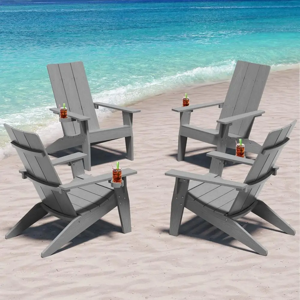 

Oversized Weatherproof 4-Piece Plastic Outdoor Adirondack Chairs with Cup Holders for Patio and Fire Pit (Grey)