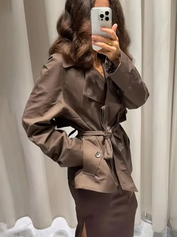 

HH Women's Autumn Jackets Solid Turn-Down Collar Lace-Up Decoration Single-Breasted Women Fashion Long Sleeves Coats Trendy