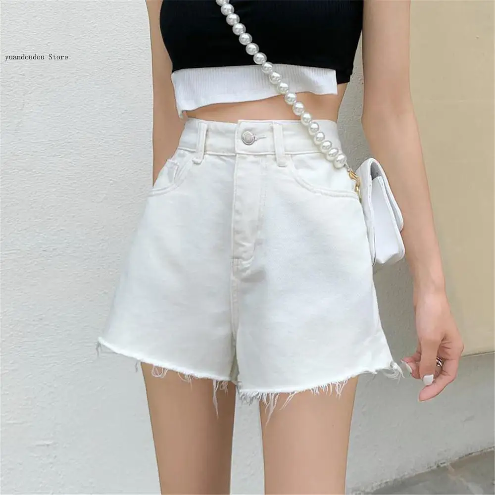 Summer Casual Versatile Korean Basic Short Jeans Women Y2K Clothing Fringe High Waist Straight Denim Shorts