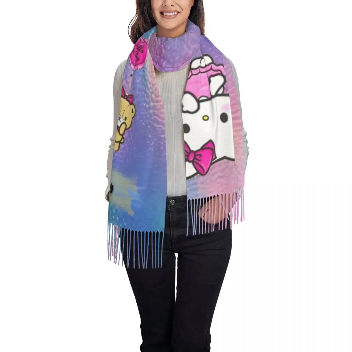 مرحبا كيتي قوس قزح طباعة (2) وشاح المرأة الأوشحة الكبيرة مع شرابة الشتاء شالات الرجعية ويلتف في الهواء الطلق مخصص لتقوم بها بنفسك Bufanda #2