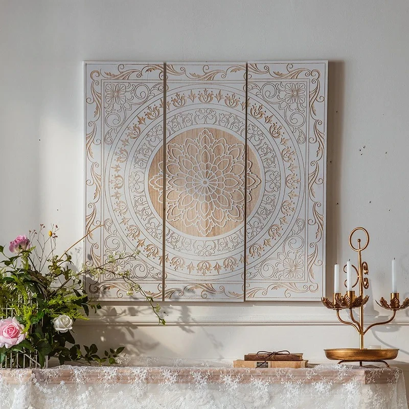 Moroccan all-solid wood carving hanging painting American rural retro triptych craft painting restaurant background wall