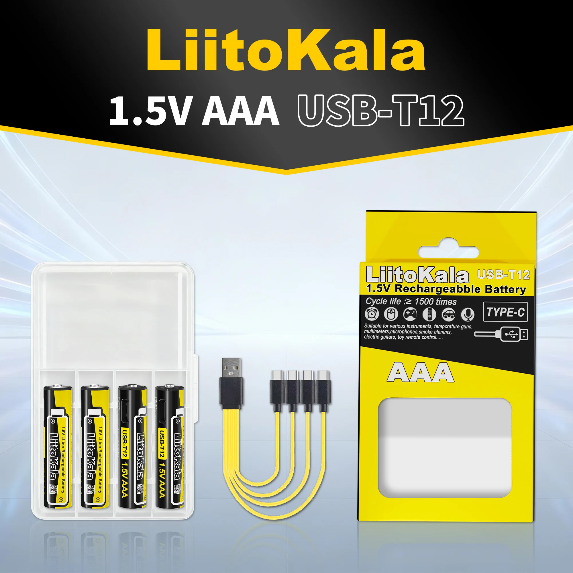 LiitoKala USB-T12 1.5v AAA 1200mWh Li-ion Rechargeable Battery Type-C Charging for Headset Children's Toys Camera Remote Control