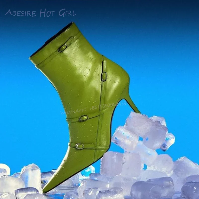 Sky Lake Blue Buckle Short Boots Women Green Leather Simple Pink Pointed Toe Side Zipper Ankle Booties Denim Light Color Shoes