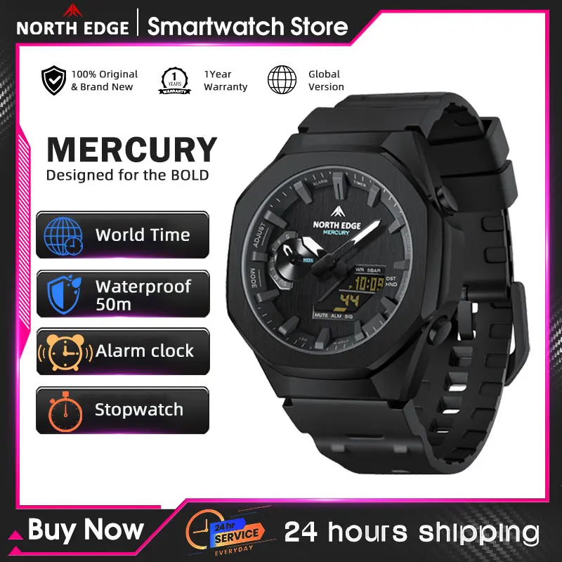 

Часы NORTH EDGE MERCURY для мужчин, цифровые часы, мужские спортивные часы, мировое время, LED-дисплей, водонепроницаемые, 50 м.