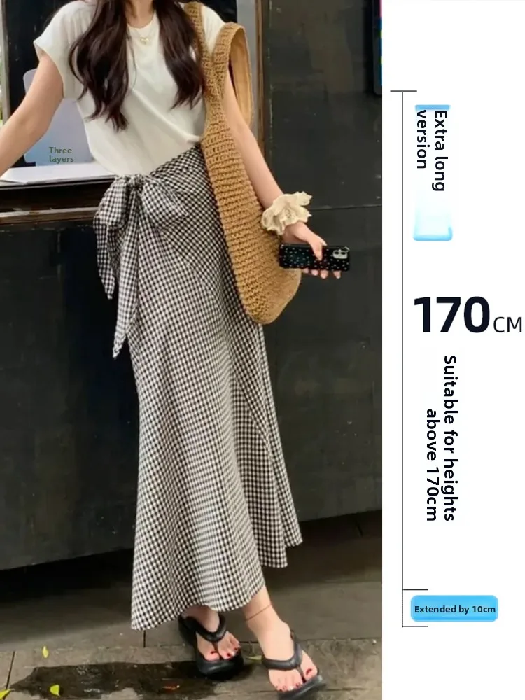

Женская летняя юбка макси с высокой талией, в клетку, с поясом, А-силуэт, корейский стиль, повседневная, для офиса, стройнящая