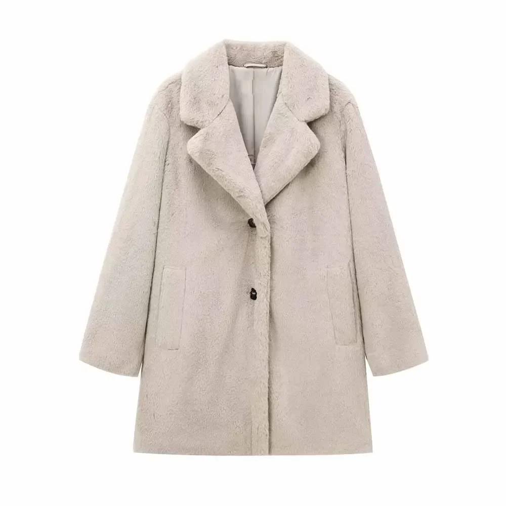 Cappotto da donna in pile con risvolto monopetto allentato effetto pelliccia sintetica di nuova moda, cappotto da donna chic con tasca laterale a maniche lunghe retrò