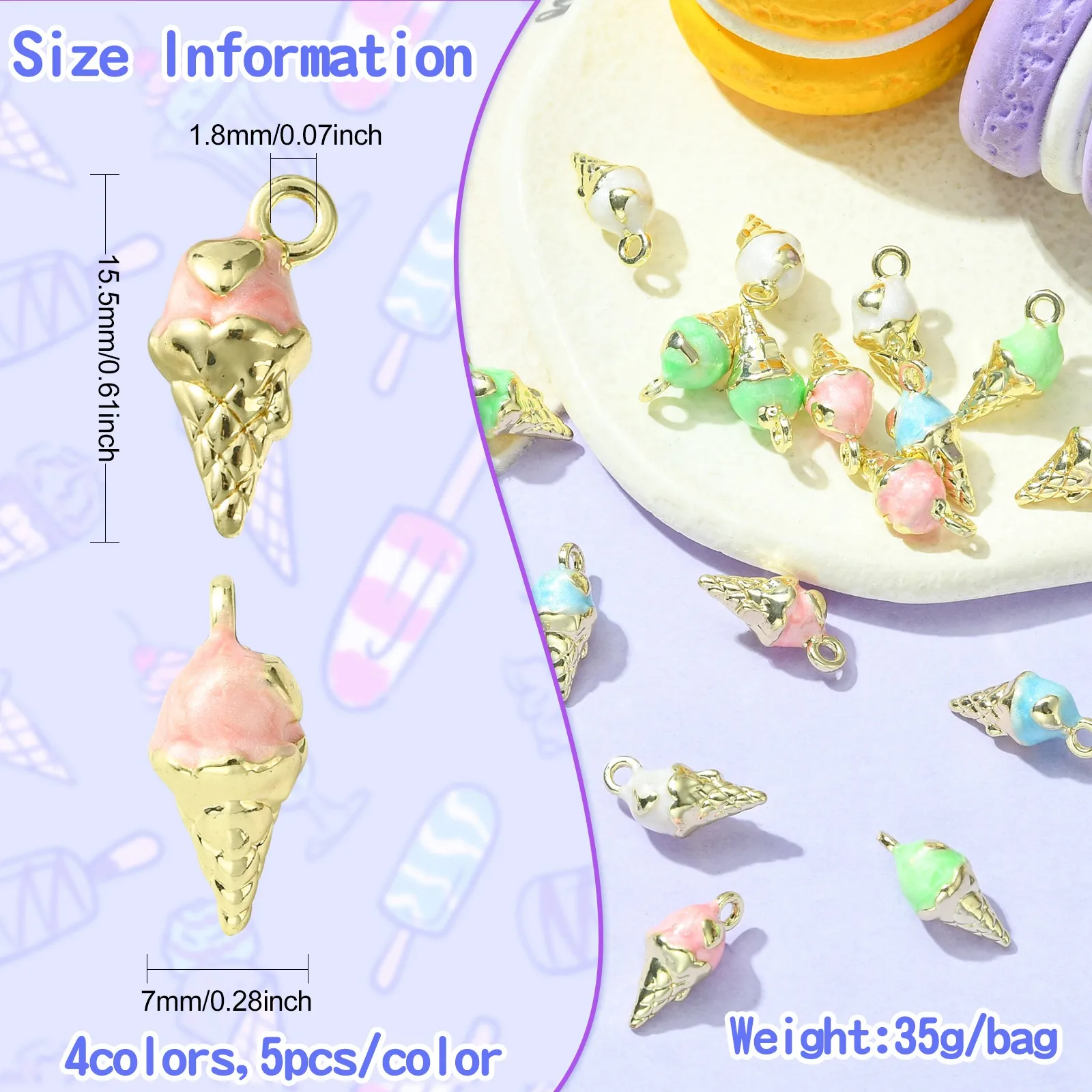 20Pcs 4 Colors 3D Enamel Ice Cream Cone Charms Golden Summer Ice Food Charms Sweet Dessert Charms for Jewelry Making Crafts