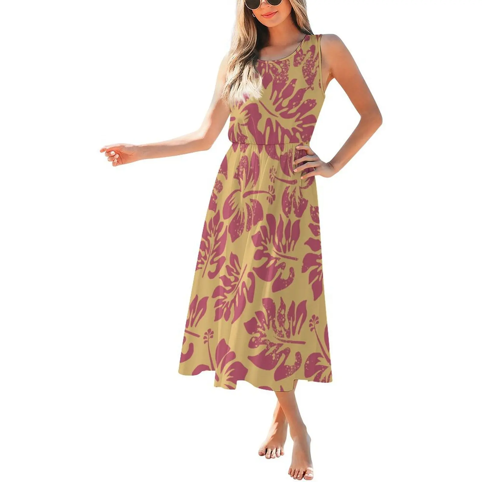 نسيج مريح جولة الرقبة بلا أكمام الخصر مقصوص فستان طويل المرأة البولينيزية فستان فضفاض تصميم مخصص