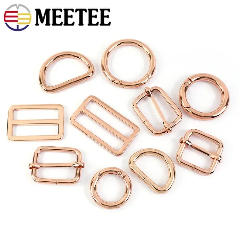 10Pcs RoseGold Bag Buckles Metal O D Ring Clip Clasp Tri Glide Slider Hook Backpack Belt Strap DIY Hardware Sewing Accessories