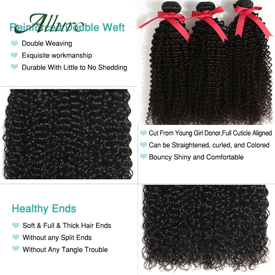 Brazilian Kinky Curly Hair Bundles 100% Remy Human Hair Bundles 1/3/4 PCS Water Wave Hair Extensions Natural Black of Allure