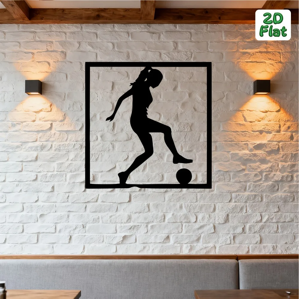 Sculpture Murale Métallique 2D Plate de Joueur de Football Féminin en Pose Dynamique – Décoration Intérieure et Extérieure en Fer Forgé